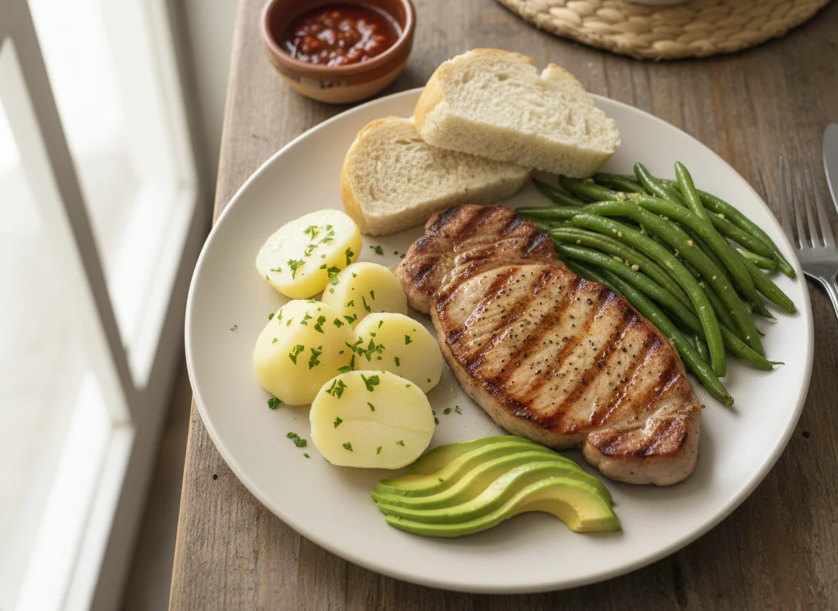 Plato combinado con carne, patatas, judías verdes y aguacate photo
