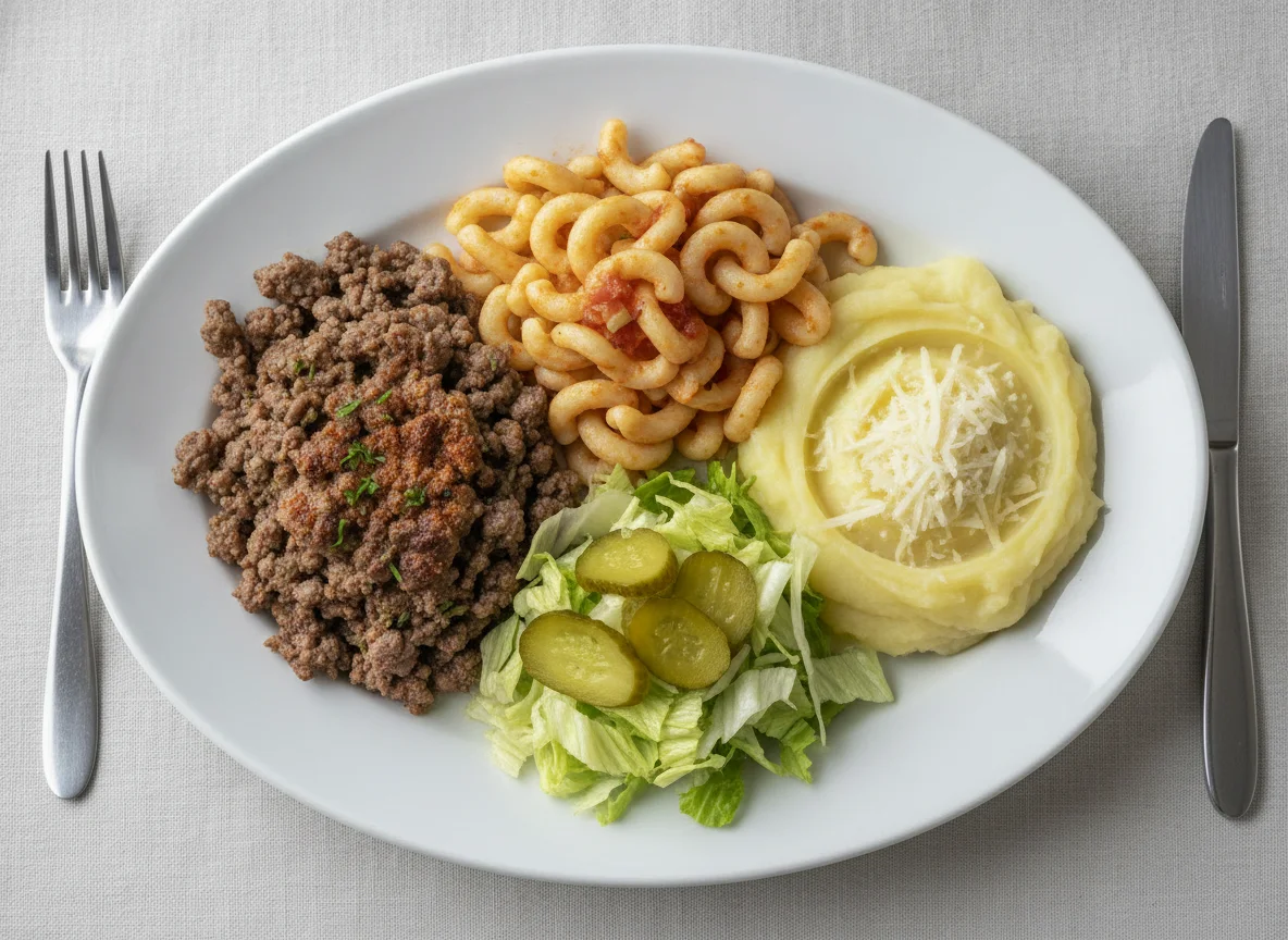 Plato combinado con carne picada, pasta y puré de patatas photo