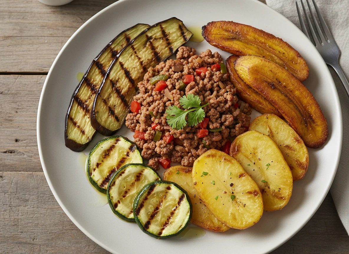 Plato combinado con carne picada y verduras a la plancha con plátano photo