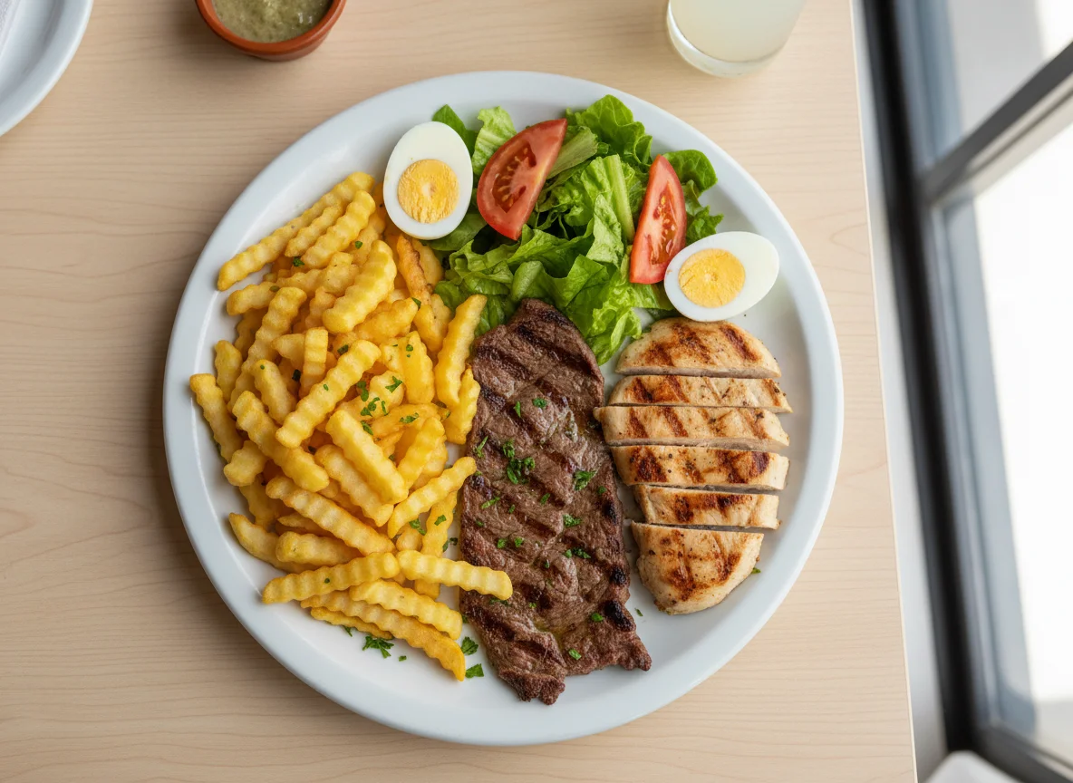 Plato combinado con carne, pollo, papas fritas y ensalada photo