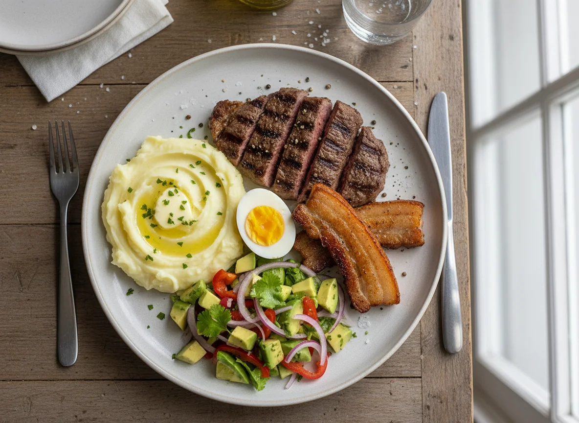 Plato combinado con carne, puré y ensalada photo