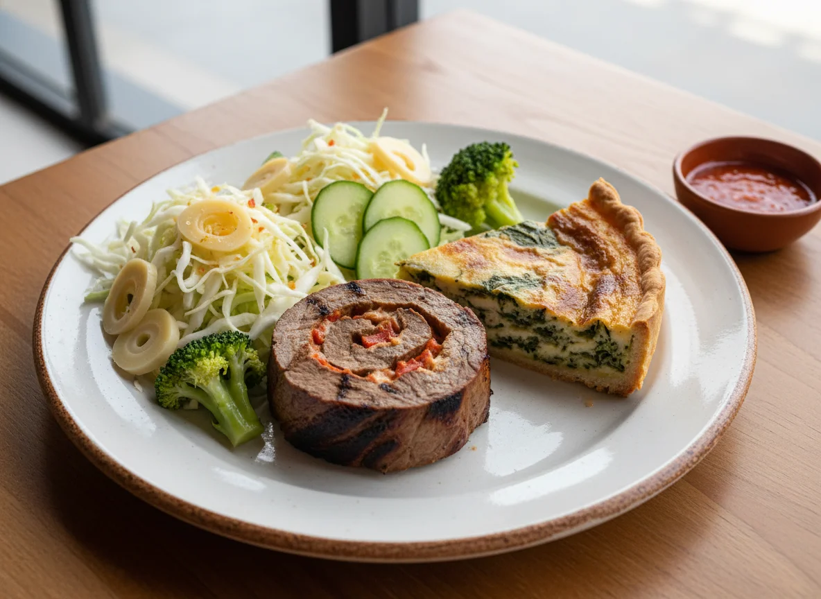 Plato combinado con carne, quiche y ensalada photo