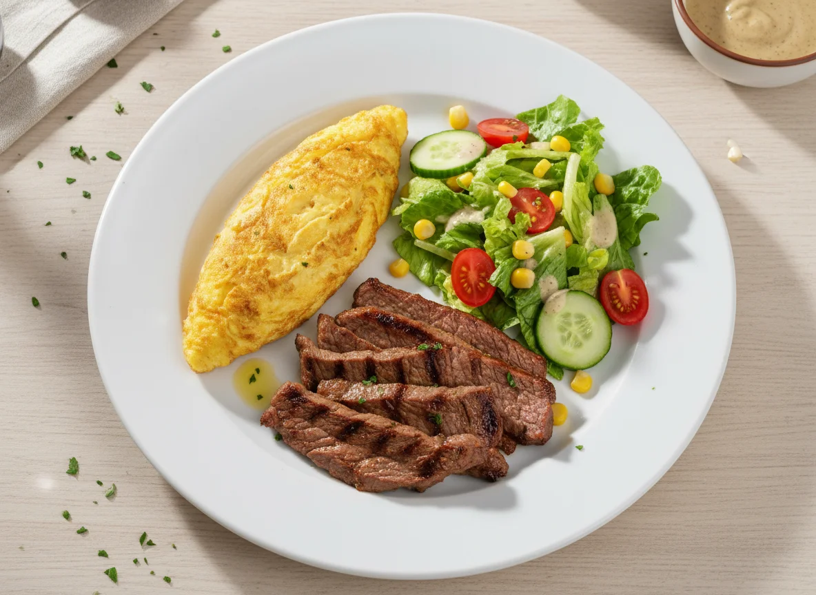 Plato combinado con carne, tortilla y ensalada photo