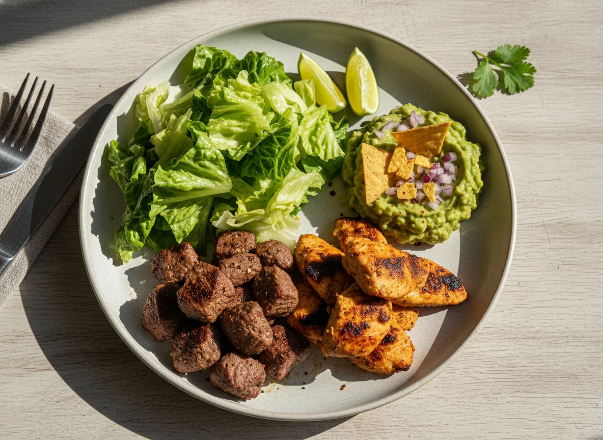 Plato combinado con carnes, lechuga y guacamole photo
