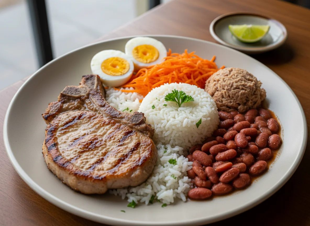 Plato combinado con chuleta de cerdo y atún photo