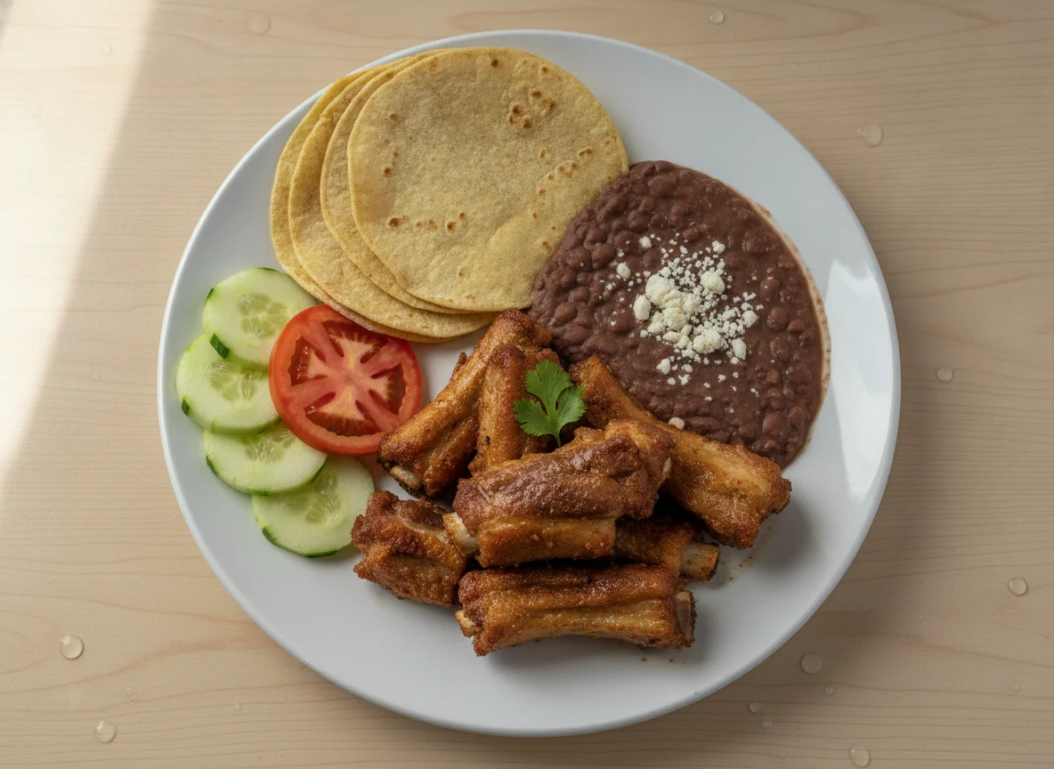 Plato combinado con costillas de cerdo, frijoles y tortillas photo