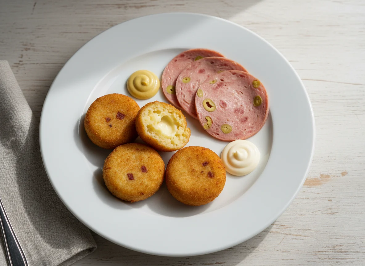 Plato combinado con croquetas y mortadela photo