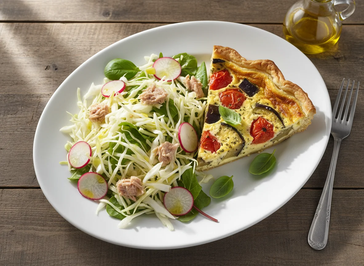 Plato combinado con ensalada y quiche photo