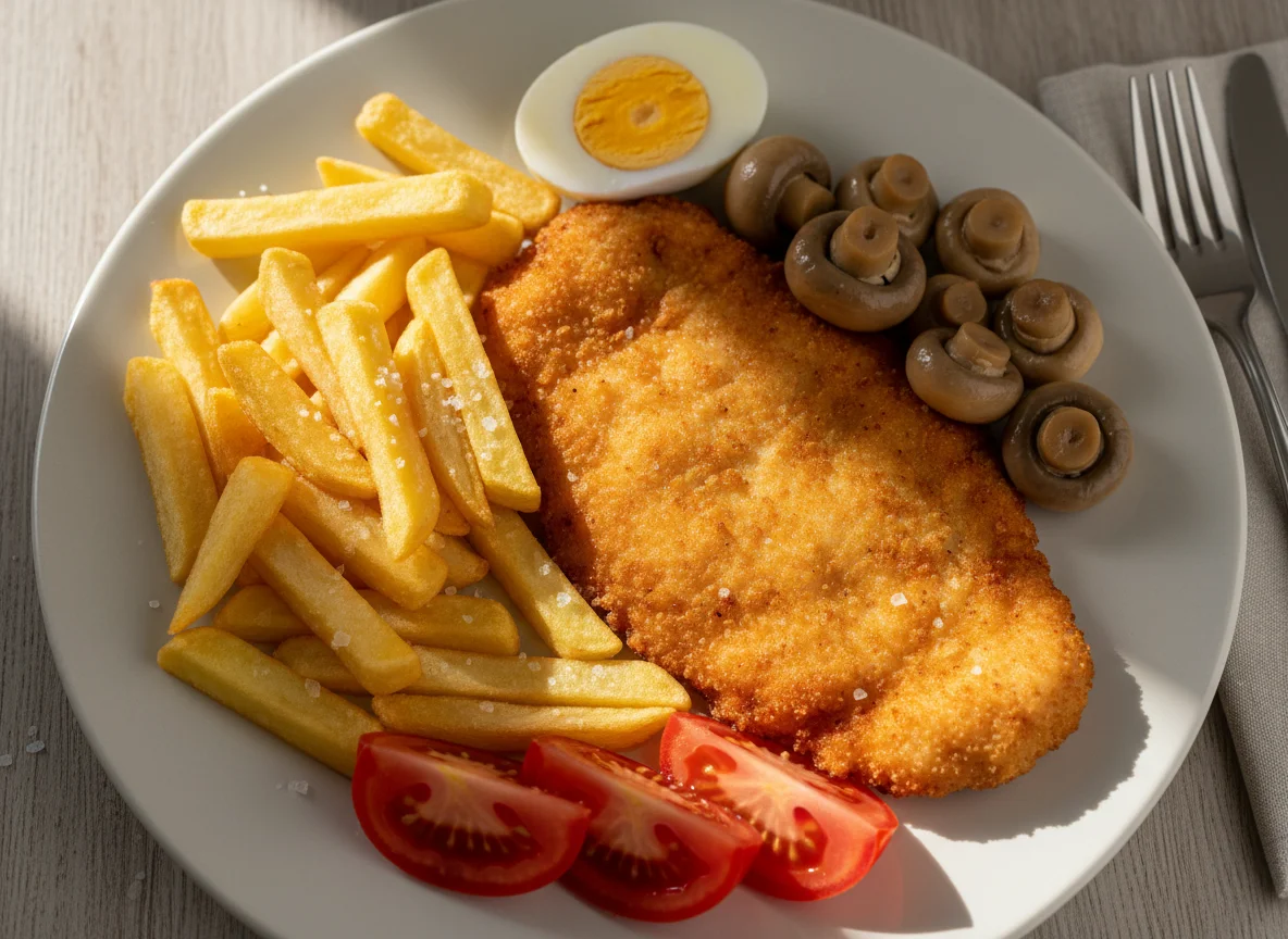 Plato combinado con escalope, patatas fritas, champiñones, tomate y huevo cocido photo