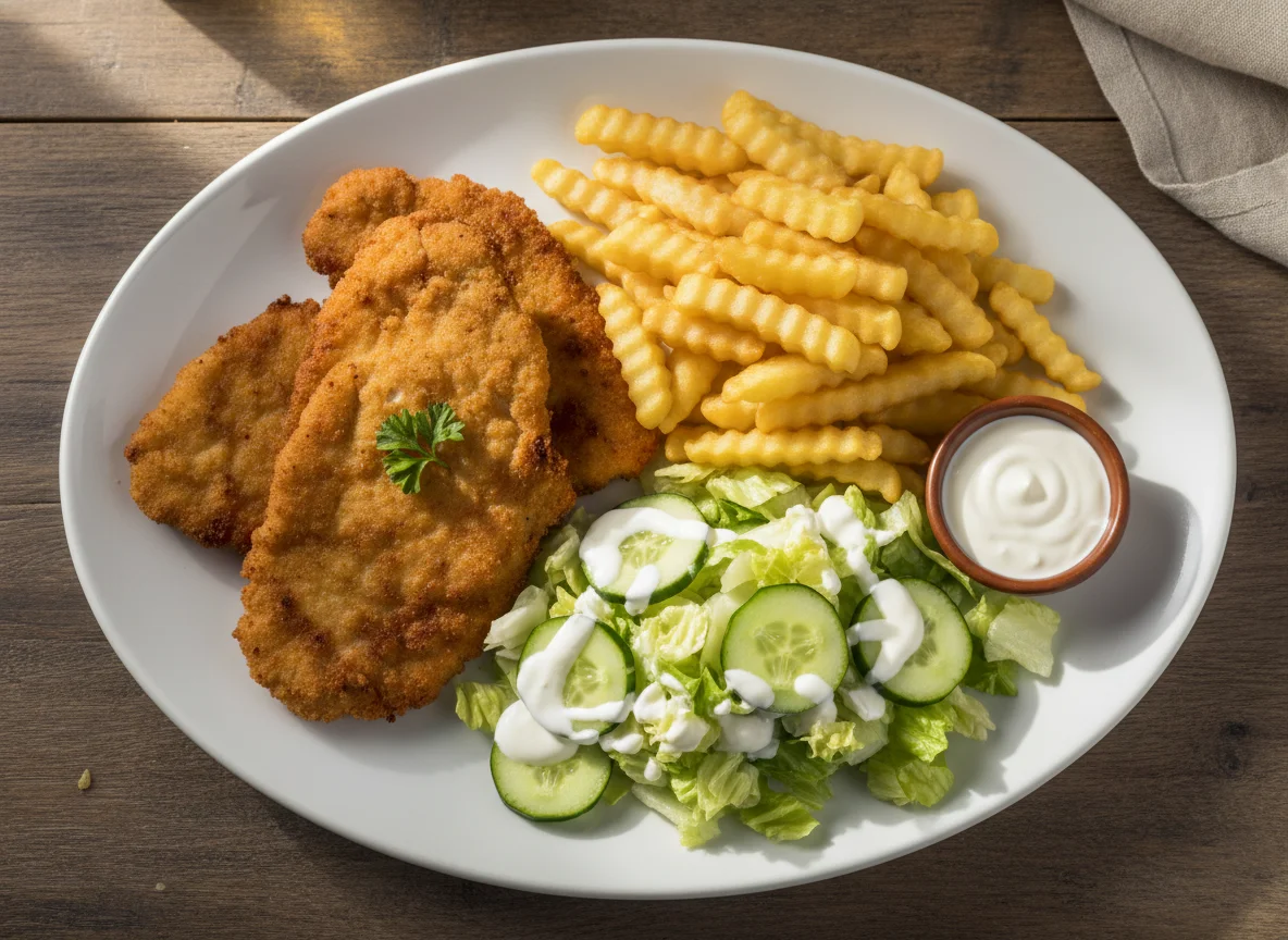 Plato combinado con escalopes, patatas fritas y ensalada photo