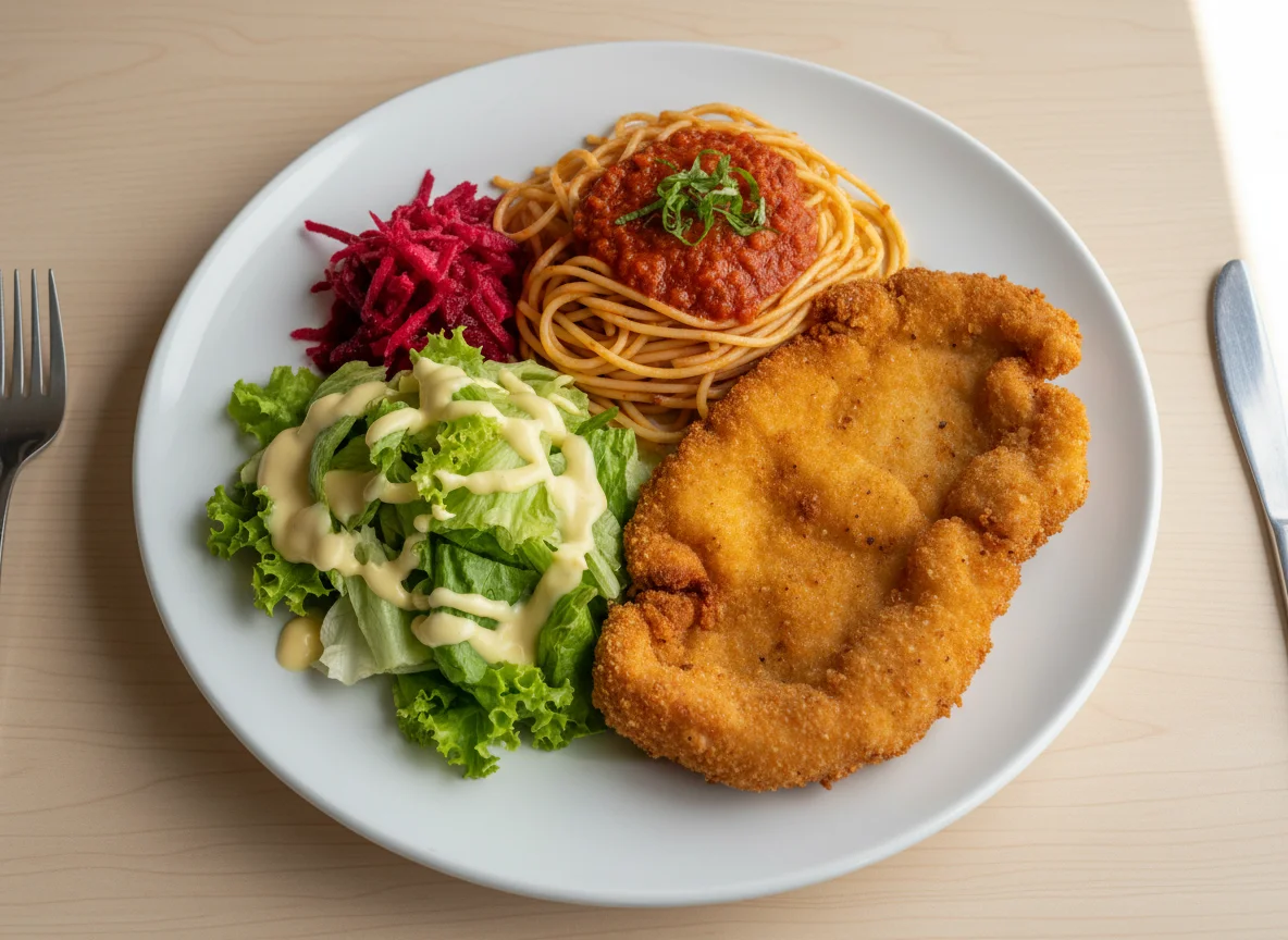 Plato combinado con espagueti, ensalada y milanesa photo