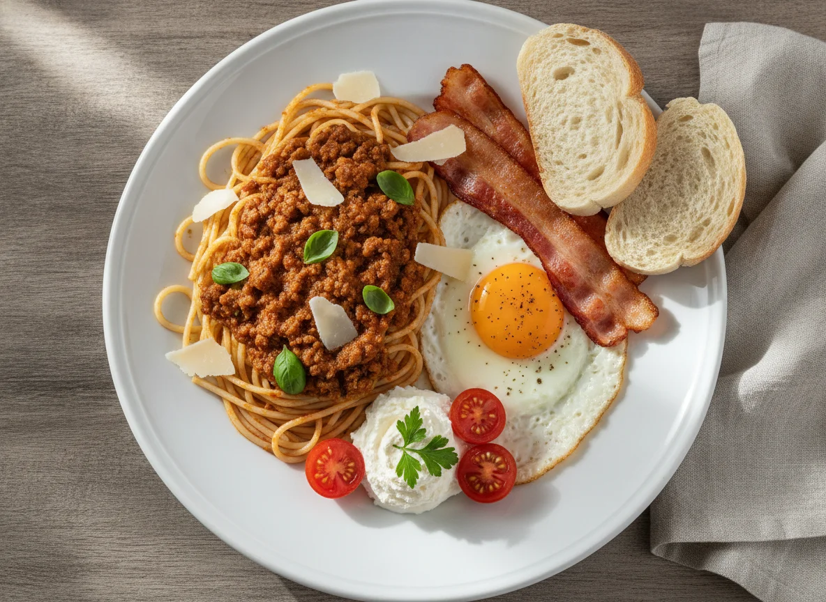 Plato combinado con espaguetis, huevo, bacon y queso photo