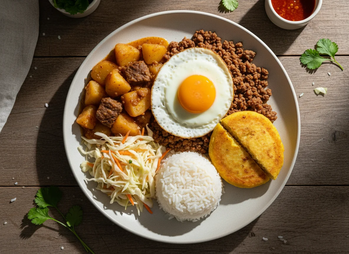 Plato combinado con estofado de patatas, carne picada y huevo frito photo