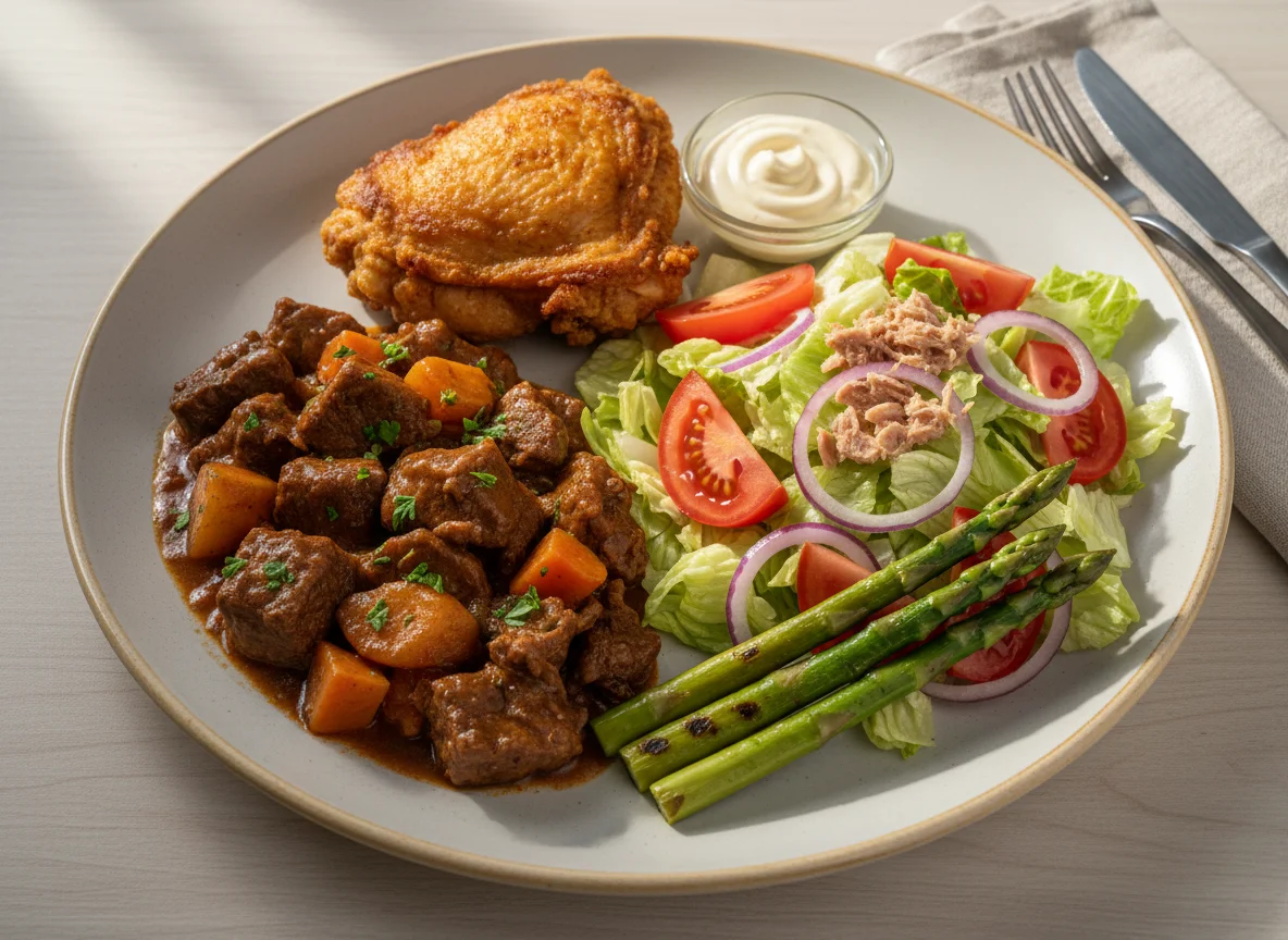 Plato combinado con estofado, ensalada y pollo photo