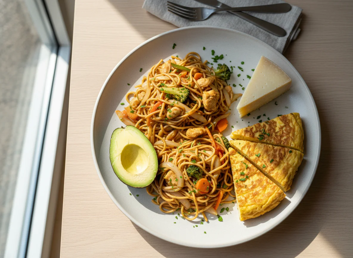 Plato combinado con fideos, aguacate, queso y tortilla photo