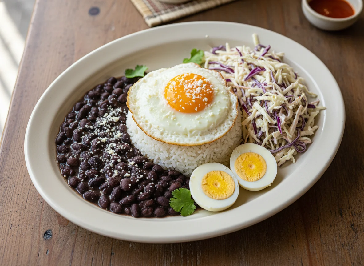 Plato combinado con frijoles, arroz, queso, repollo y huevos photo