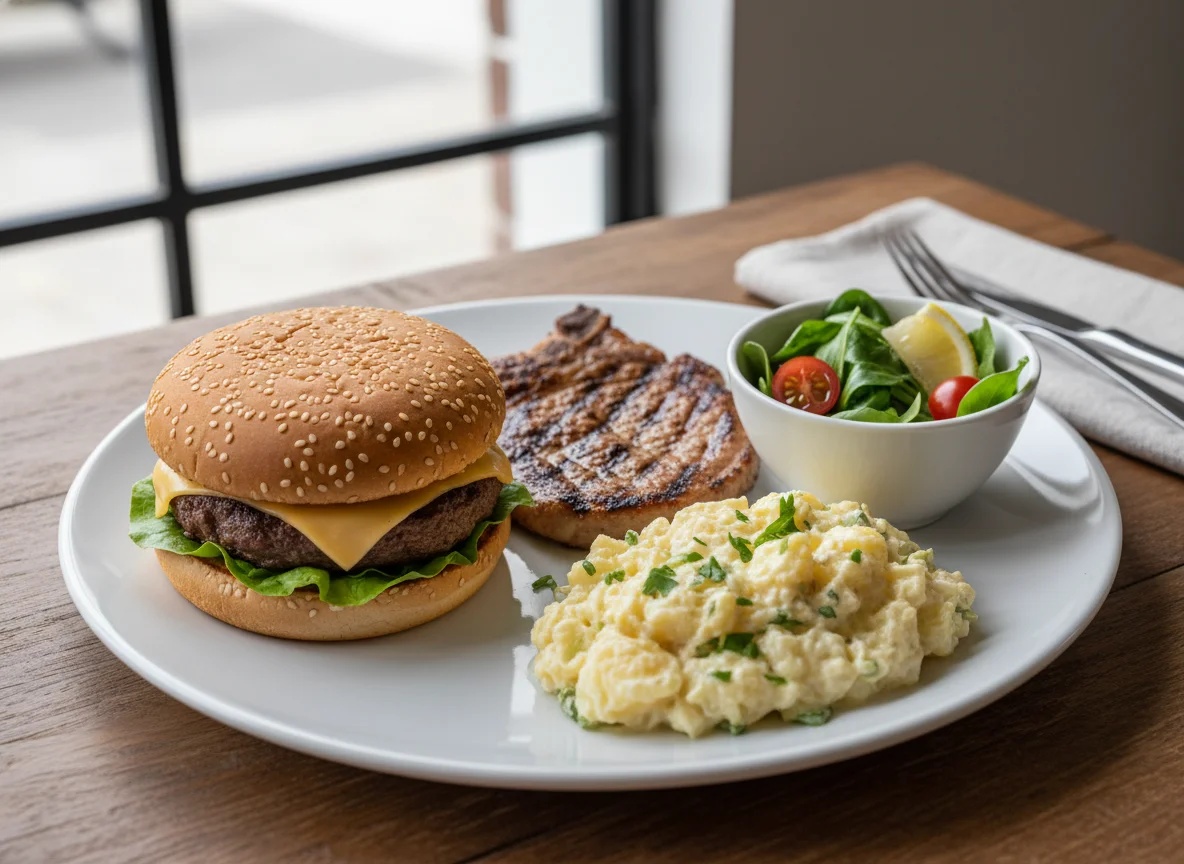 Plato combinado con hamburguesa, chuleta y ensalada de papa photo