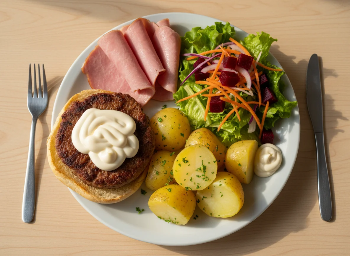 Plato combinado con hamburguesa, jamón, patatas y ensalada photo