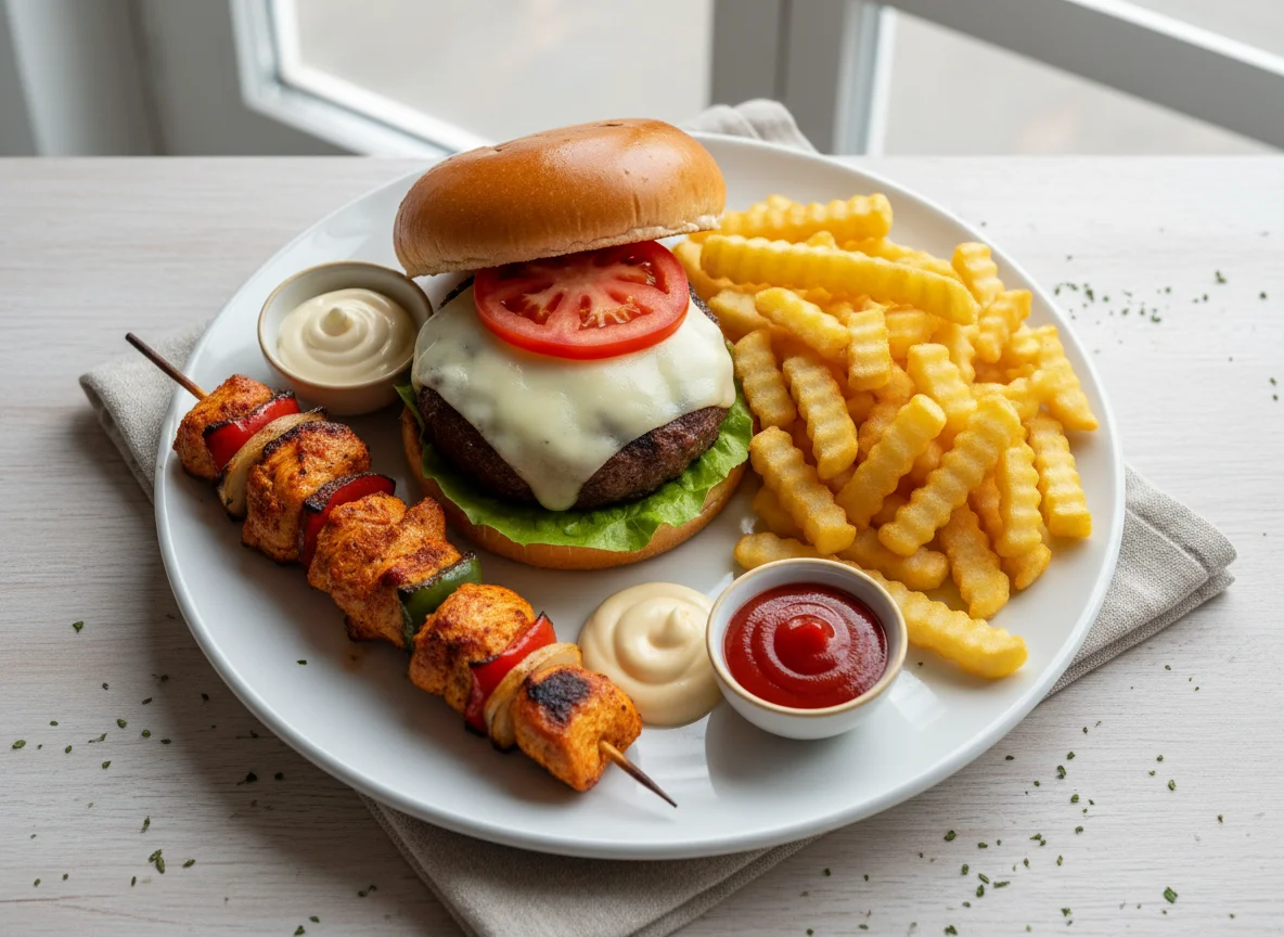 Plato combinado con hamburguesa, patatas fritas y brocheta de pollo photo