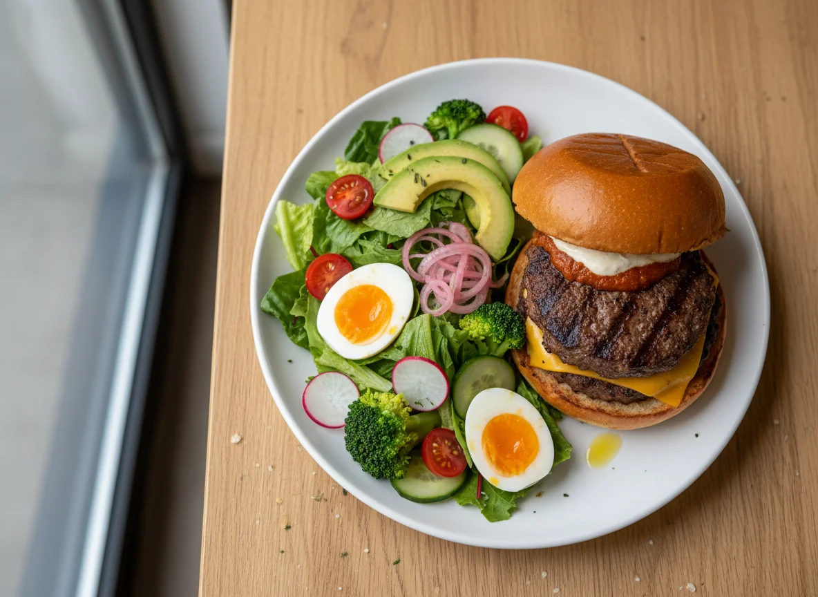 Plato combinado con hamburguesa y ensalada photo