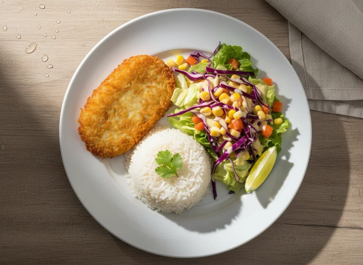 Plato combinado con hash brown, arroz y ensalada photo