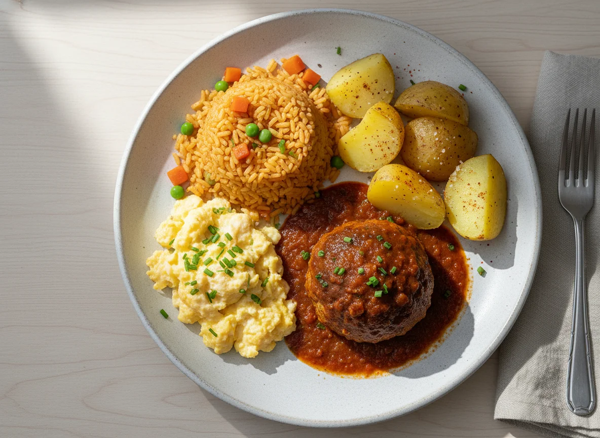 Plato combinado con huevo, arroz, albóndiga y papas photo