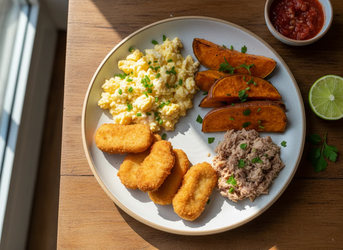 Plato combinado con huevos revueltos, boniato, atún y nuggets photo