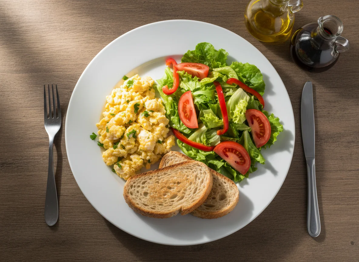 Plato combinado con huevos revueltos, ensalada y pan integral photo
