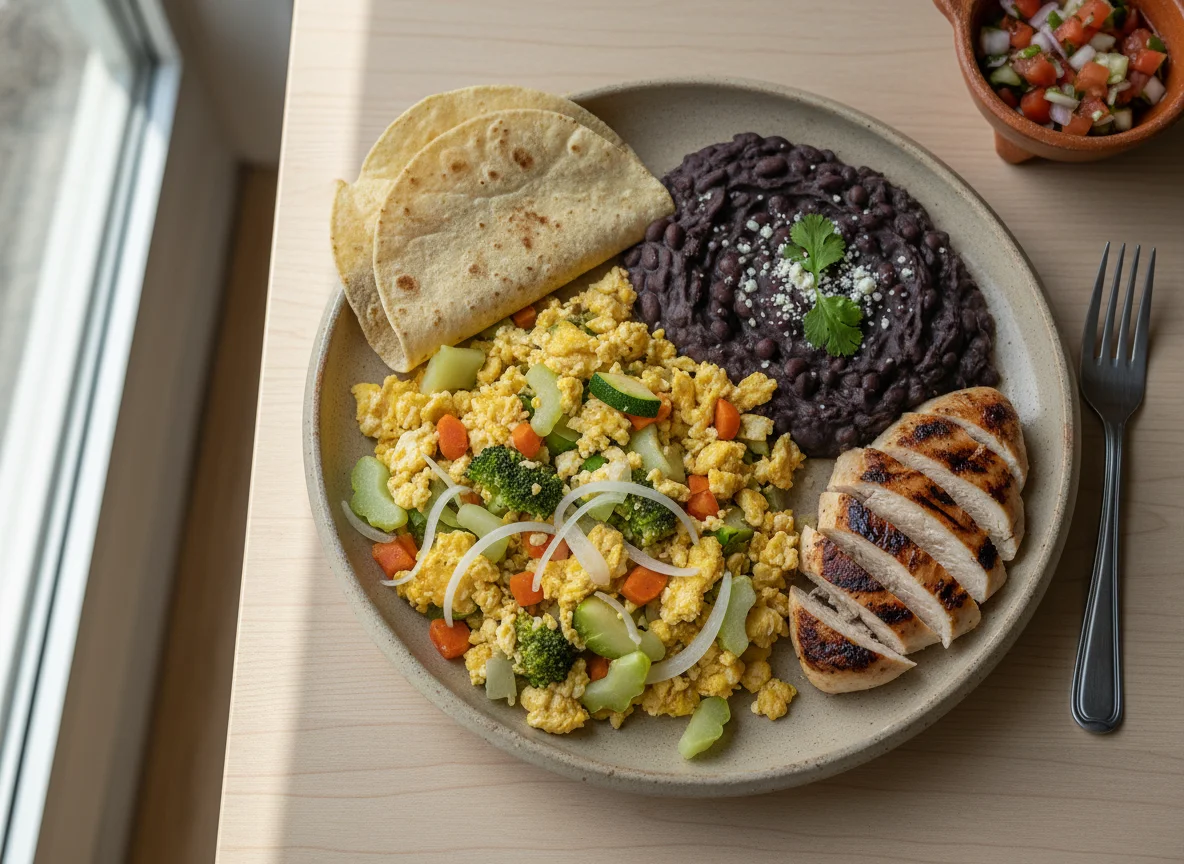 Plato combinado con huevos revueltos y frijoles photo