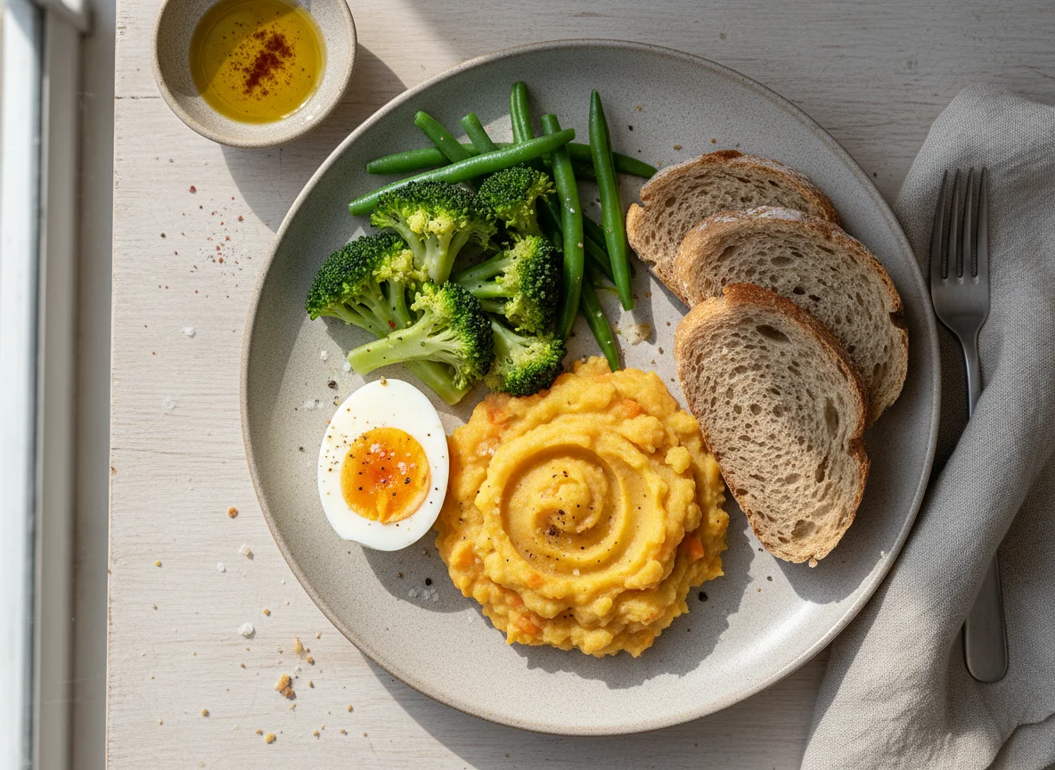 Plato combinado con huevos, verduras y pan photo