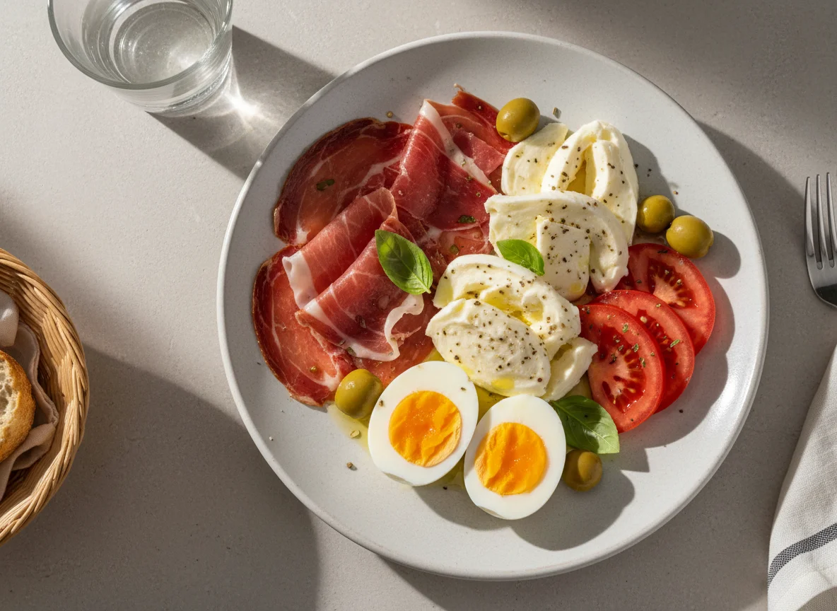 Plato combinado con jamón, mozzarella, huevo, tomate y aceitunas photo