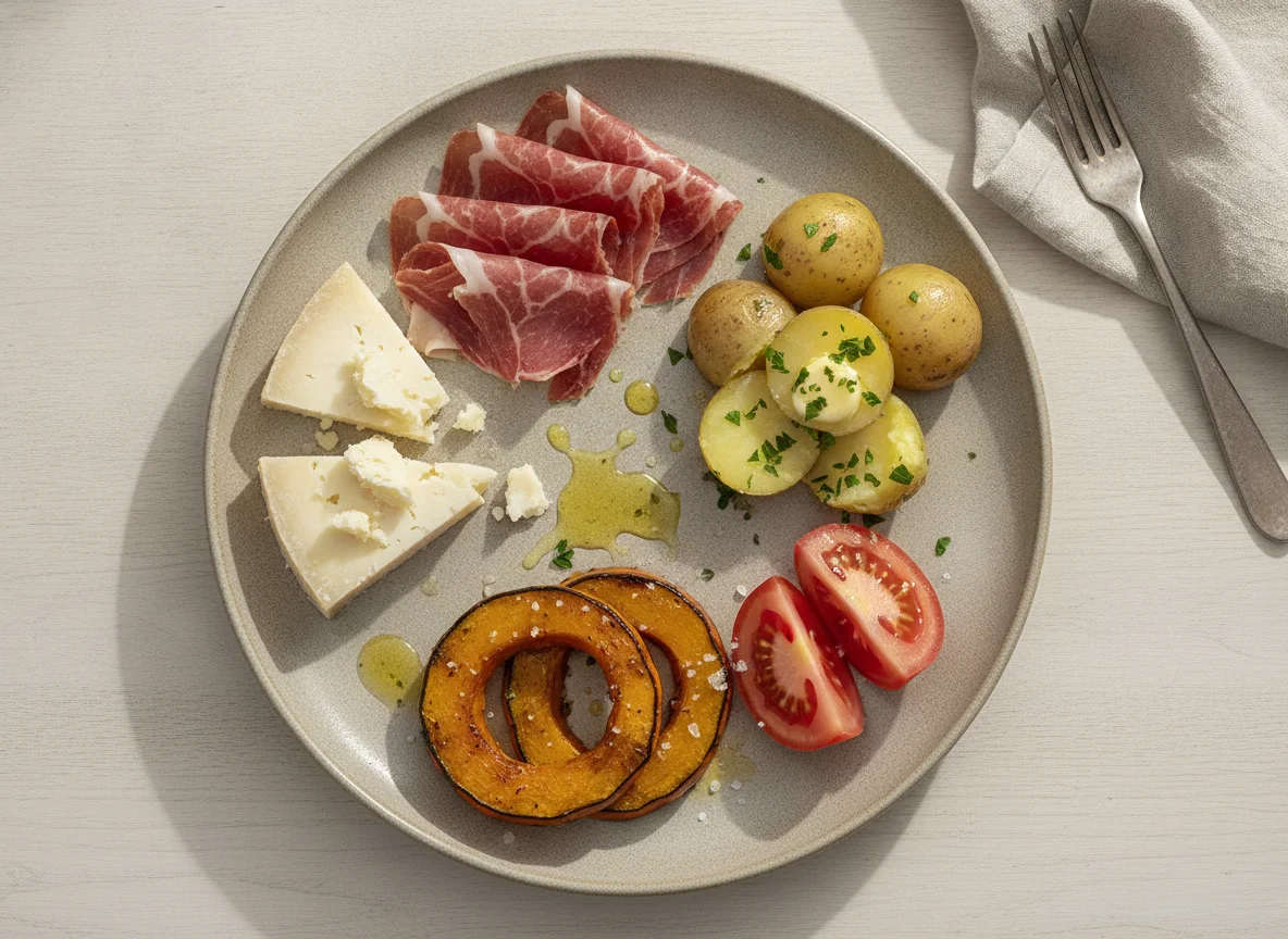 Plato combinado con jamón, queso, patatas y verduras photo