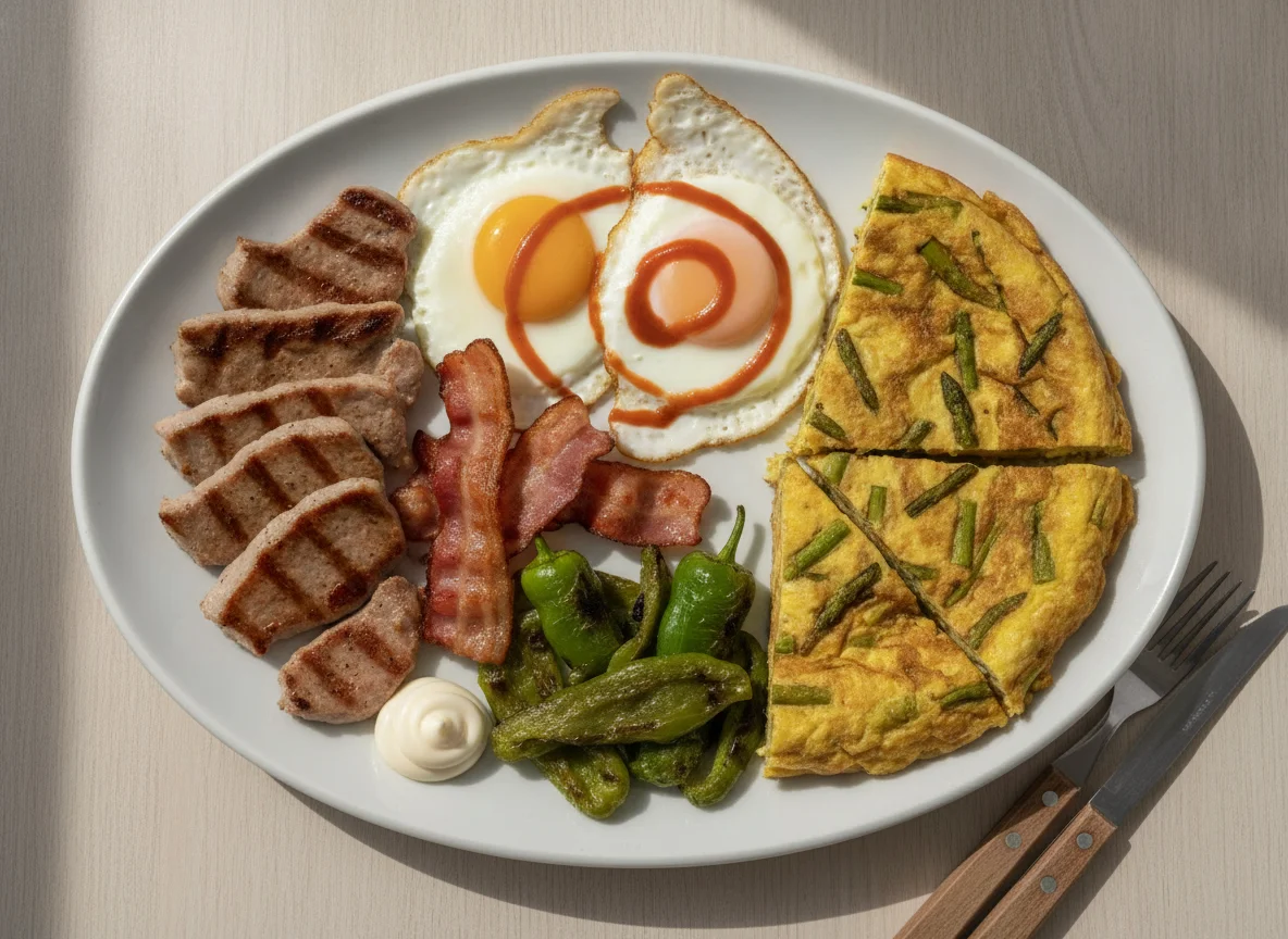 Plato combinado con lomo, huevo, bacon y pimiento photo
