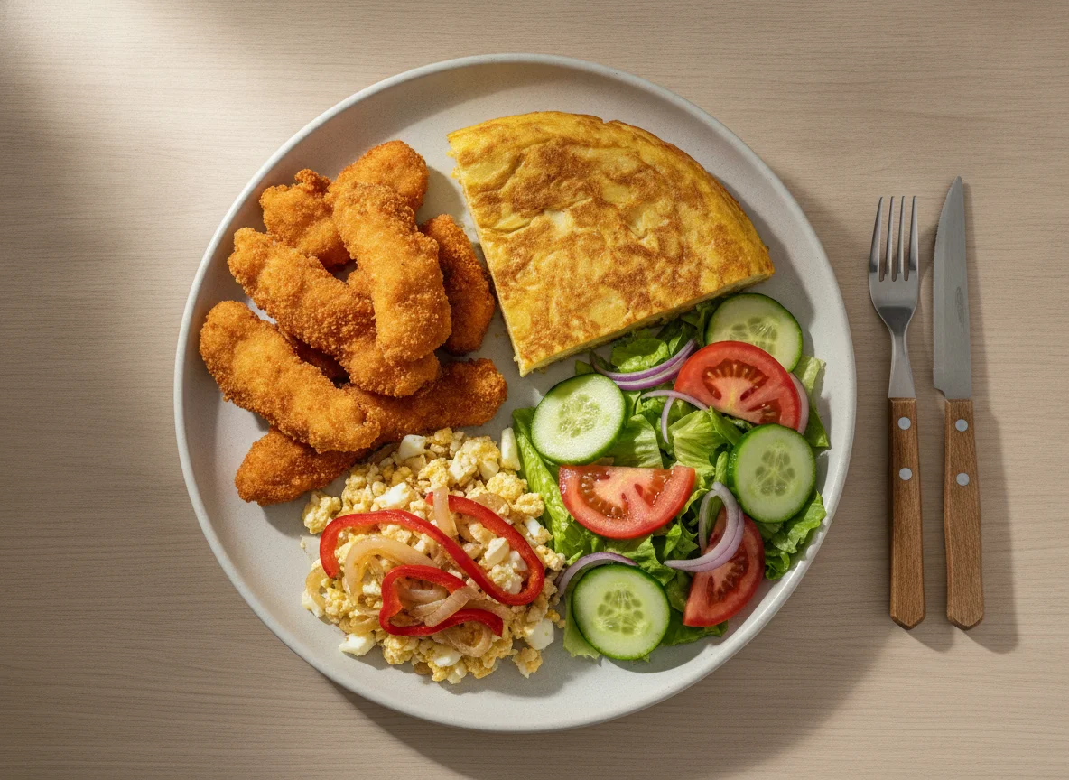 Plato combinado con milanesa, tortilla y ensalada photo