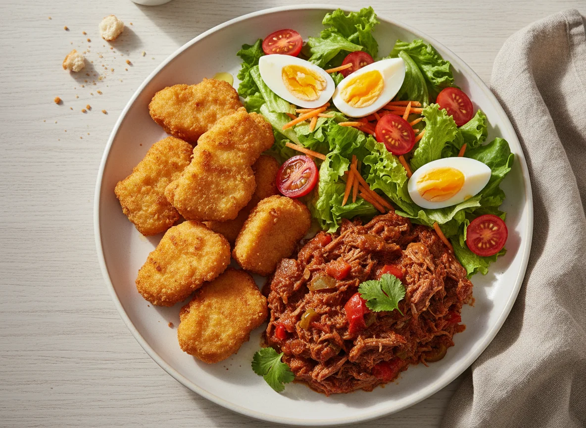 Plato combinado con nuggets, ensalada y carne desmenuzada photo