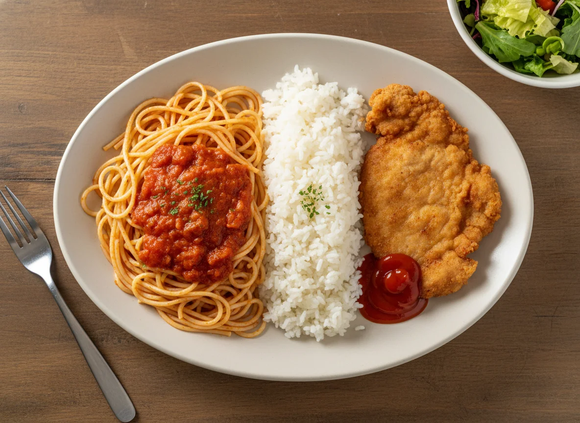 Plato combinado con pasta, arroz y carne photo