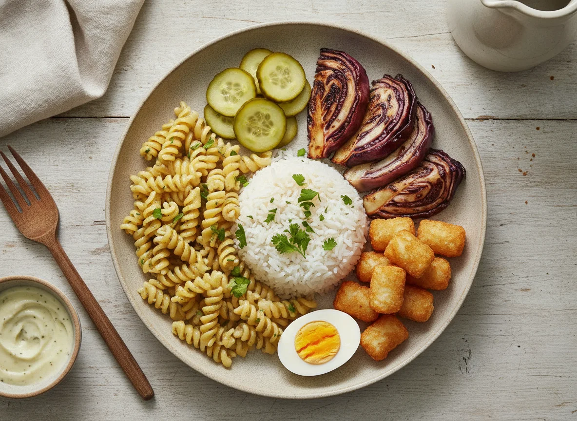 Plato combinado con pasta, arroz y verduras photo