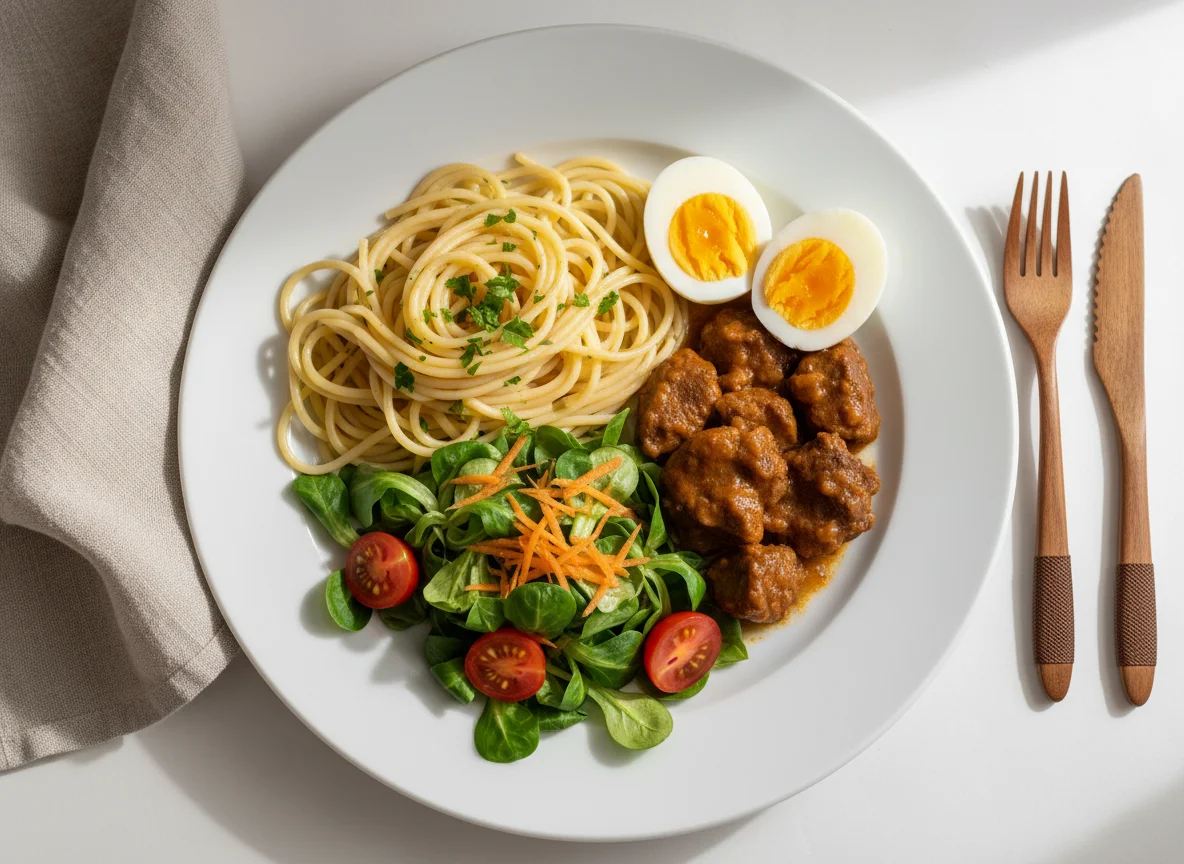 Plato combinado con pasta, ensalada, carne y huevos photo