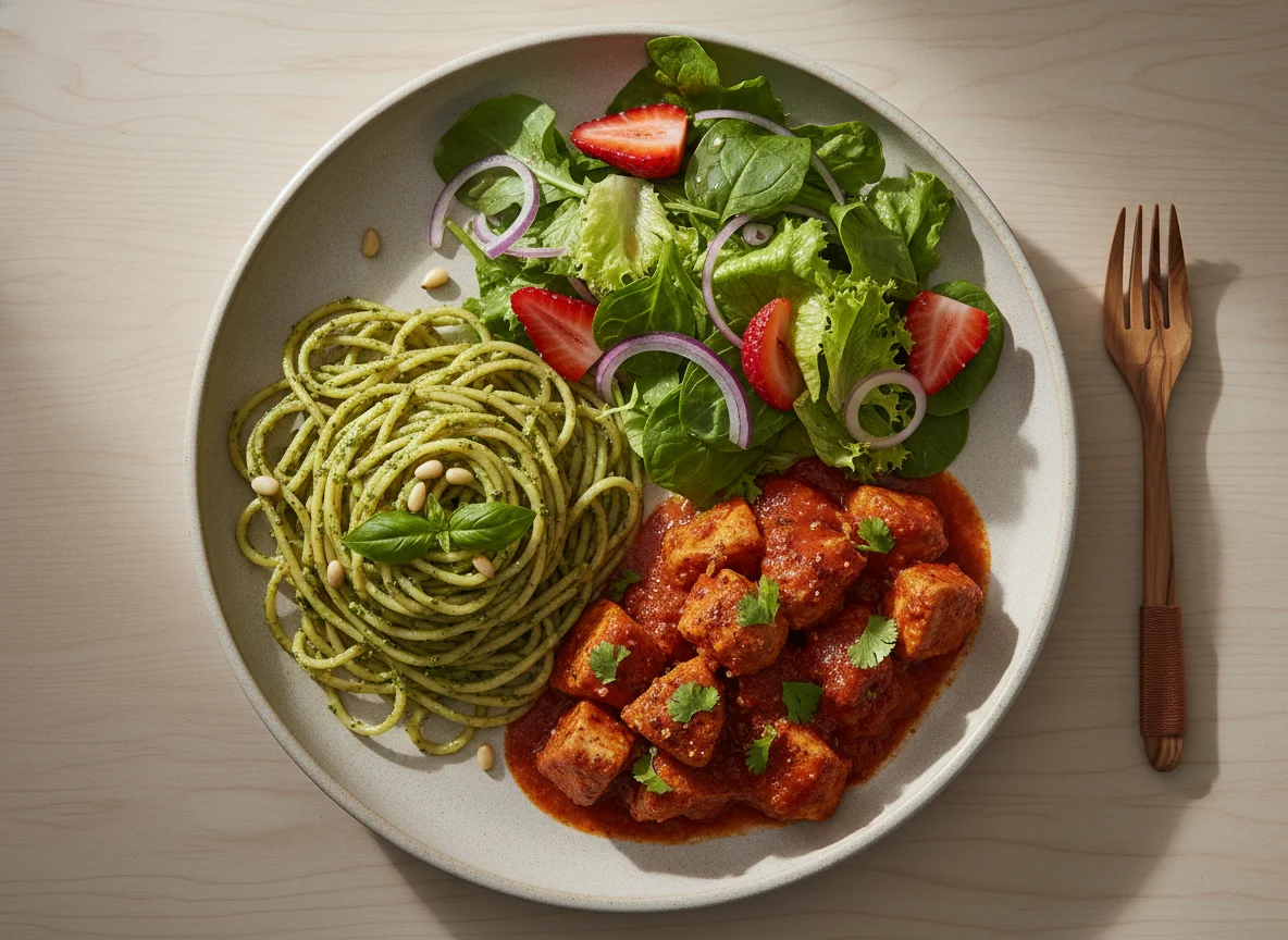 Plato combinado con pasta, pollo y ensalada photo
