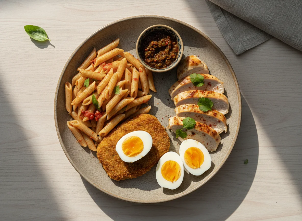 Plato combinado con pasta, pollo y huevo photo