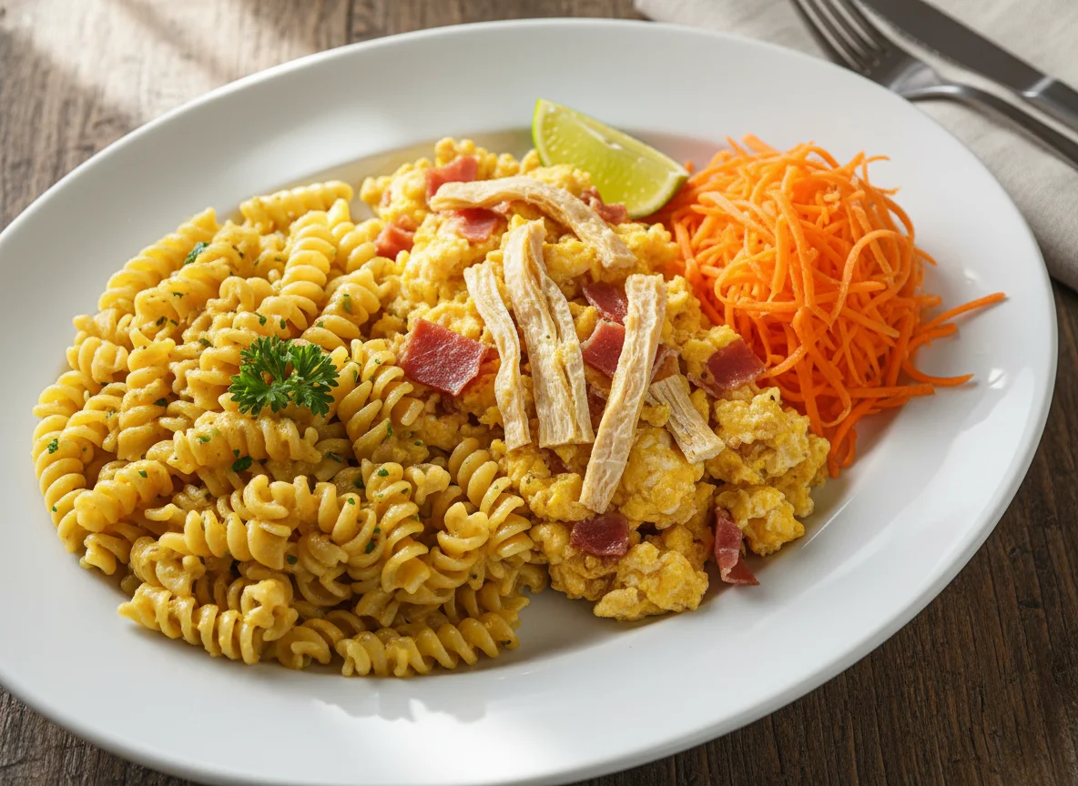 Plato combinado con pasta, revuelto y zanahoria photo