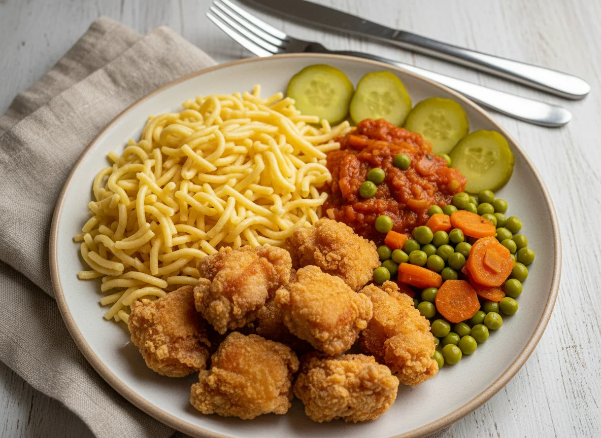 Plato combinado con pasta, vegetales y carne frita photo
