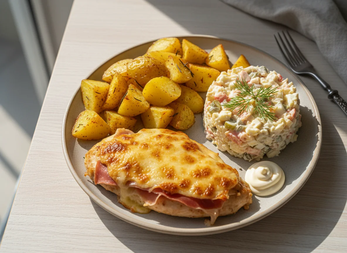 Plato combinado con patatas asadas, pollo gratinado y ensaladilla de surimi photo