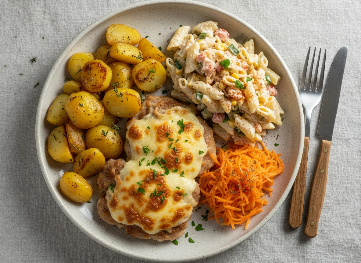 Plato combinado con patatas, carne gratinada, ensaladilla y zanahoria photo