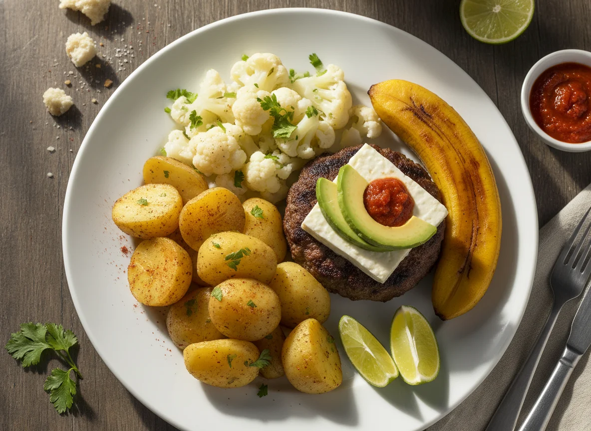 Plato combinado con patatas, coliflor, hamburguesa y plátano photo