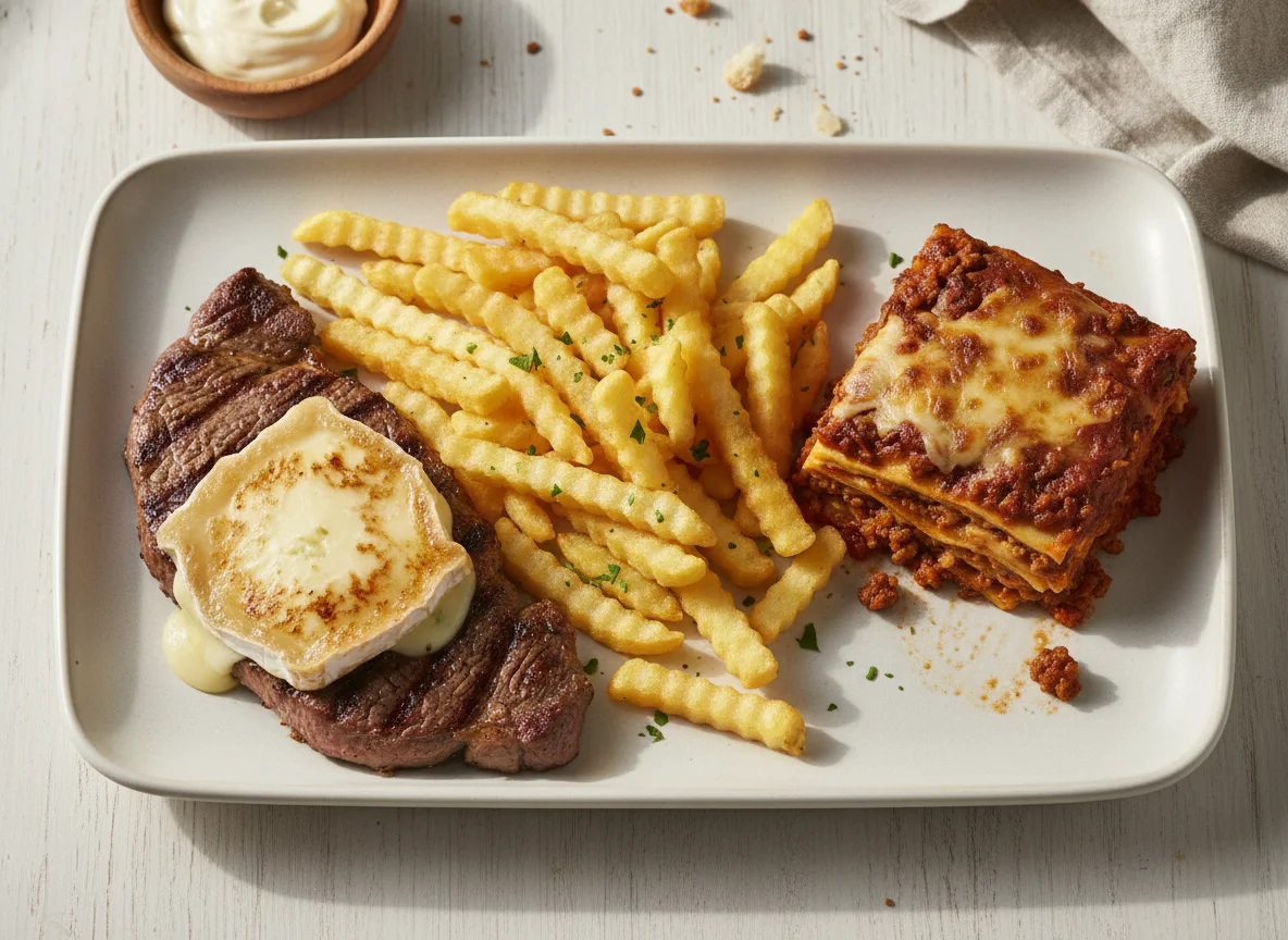 Plato combinado con patatas fritas y queso de cabra, y restos de lasaña photo