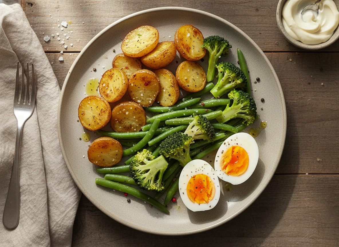 Plato combinado con patatas, verduras y huevos photo