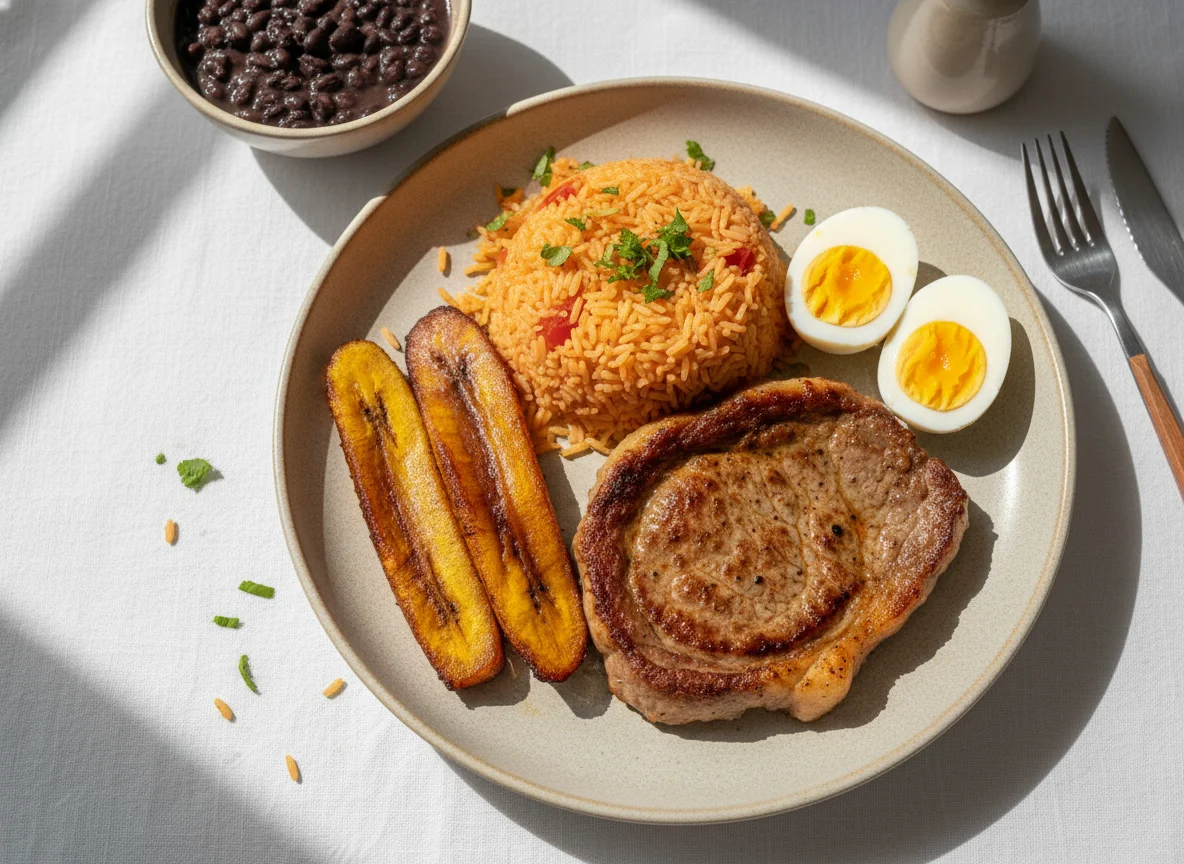 Plato combinado con plátano frito, carne, huevos cocidos y arroz photo