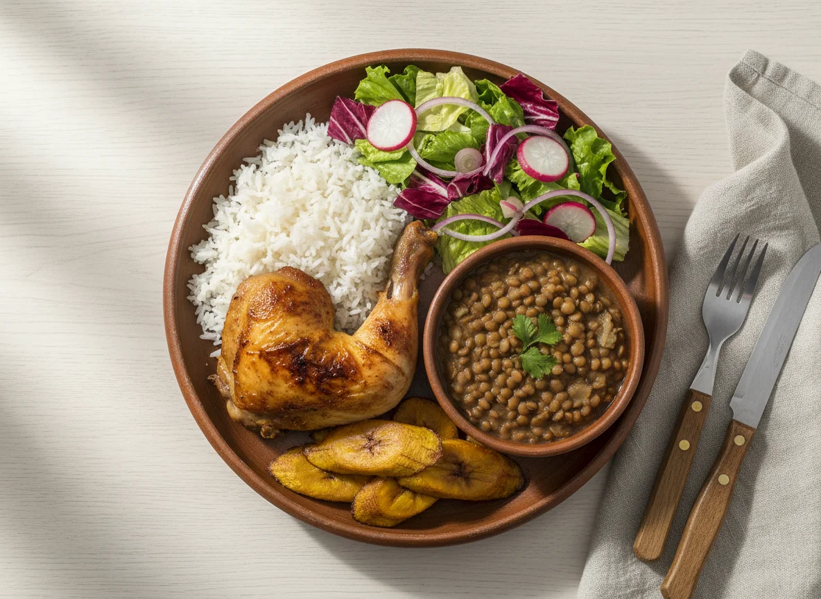 Plato combinado con pollo, arroz, ensalada y lentejas photo