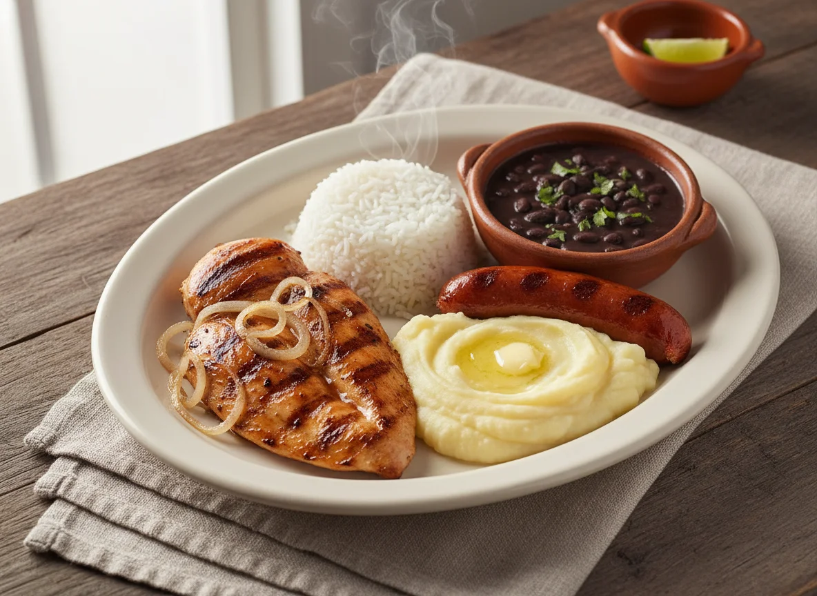Plato combinado con pollo, arroz, frijoles y puré photo